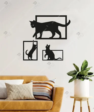 3lu Kedi Temali Ahsap Duvar Dekorasyonu 5