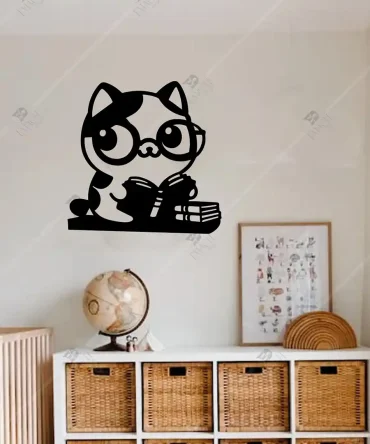 Kedi Temalı Hediyeler Kitap Okuyan Kedi Çocuk Odası Ahşap Duvar Dekoru 1